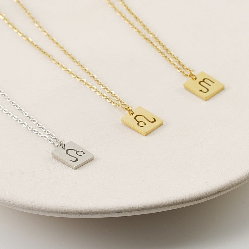 Unisex Simple Fashion INS 12 Zodiacs Rectangular Pendant Necklace Stainless Steel Trendy Hollow Pendant Necklaces-Wholesale