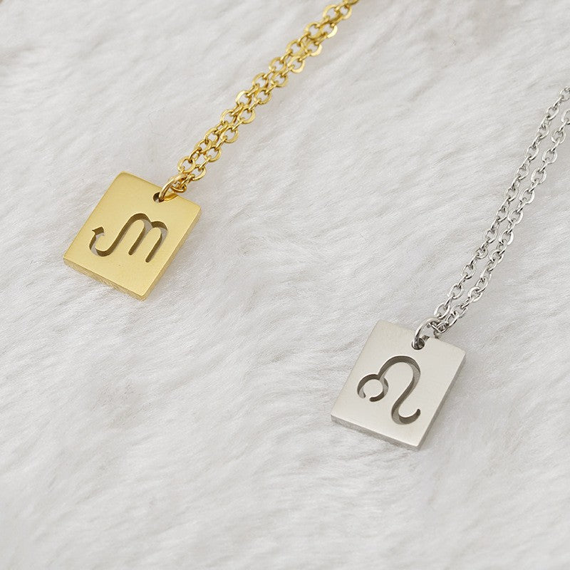 Unisex Simple Fashion INS 12 Zodiacs Rectangular Pendant Necklace Stainless Steel Trendy Hollow Pendant Necklaces-Wholesale
