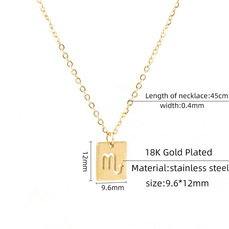 Unisex Simple Fashion INS 12 Zodiacs Rectangular Pendant Necklace Stainless Steel Trendy Hollow Pendant Necklaces-Wholesale