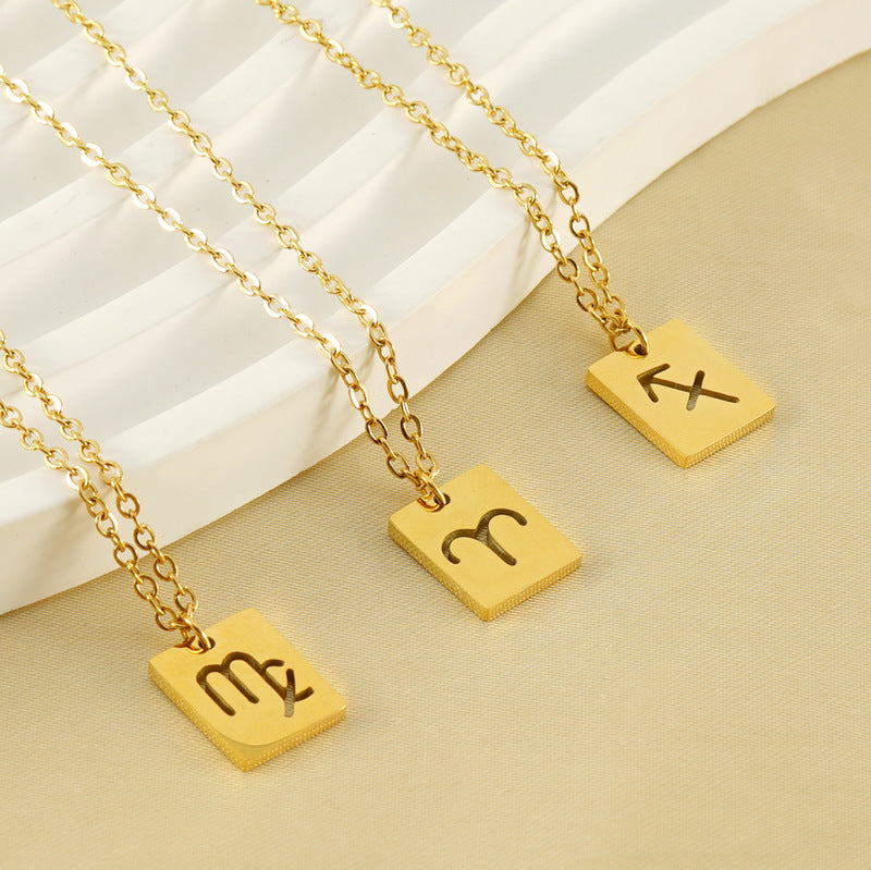 Unisex Simple Fashion INS 12 Zodiacs Rectangular Pendant Necklace Stainless Steel Trendy Hollow Pendant Necklaces-Wholesale