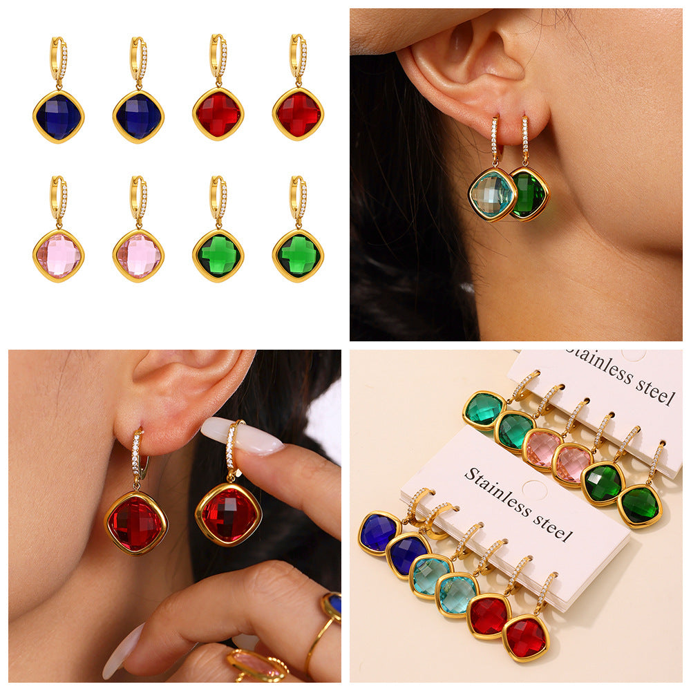 Wholesale Stainless Steel Drop Earrings with Real Gold Plating Fashion Jewelry Zircon Glass Multiple Color Options Available