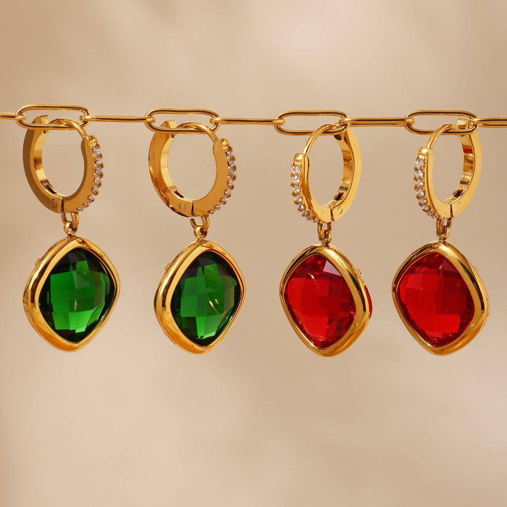 Wholesale Stainless Steel Drop Earrings with Real Gold Plating Fashion Jewelry Zircon Glass Multiple Color Options Available