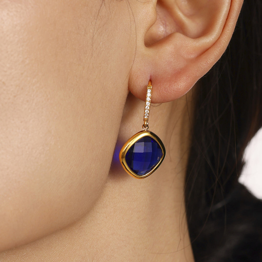 Wholesale Stainless Steel Drop Earrings with Real Gold Plating Fashion Jewelry Zircon Glass Multiple Color Options Available