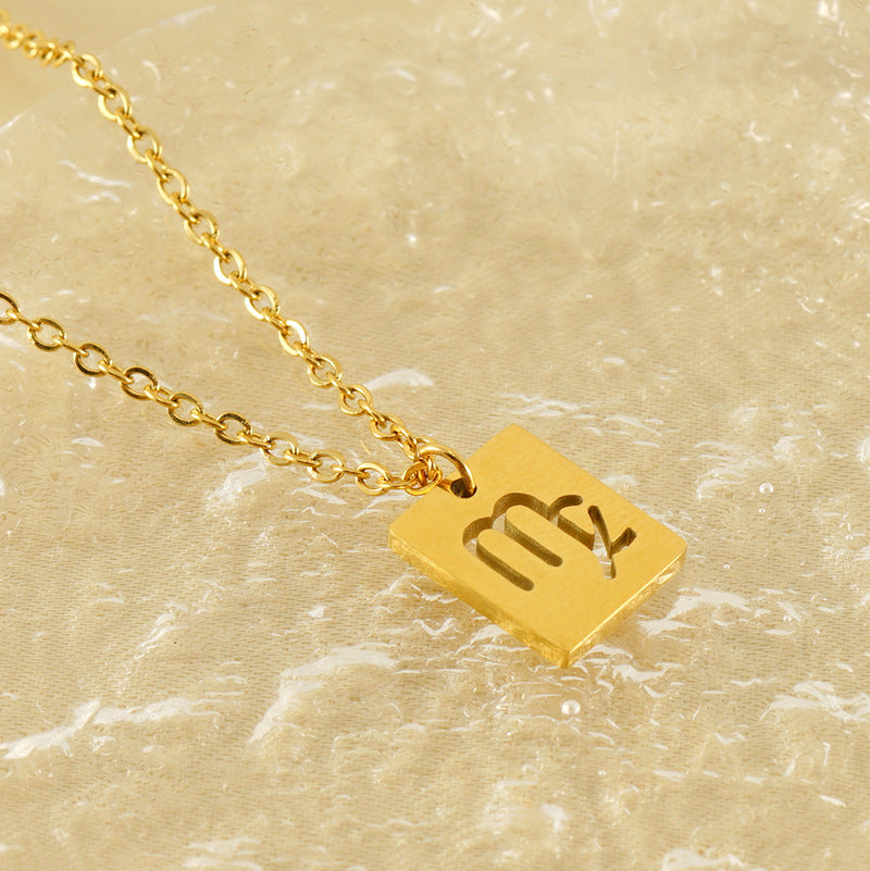 Unisex Simple Fashion INS 12 Zodiacs Rectangular Pendant Necklace Stainless Steel Trendy Hollow Pendant Necklaces-Wholesale