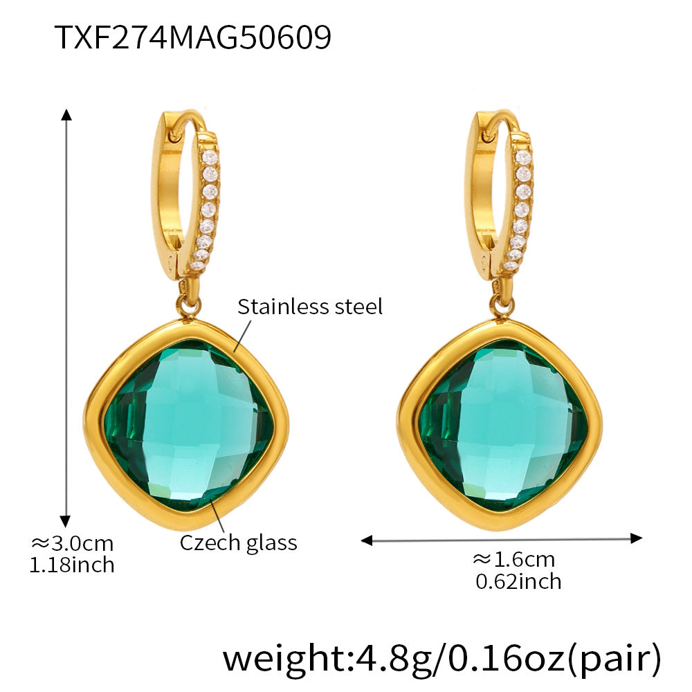 Wholesale Stainless Steel Drop Earrings with Real Gold Plating Fashion Jewelry Zircon Glass Multiple Color Options Available