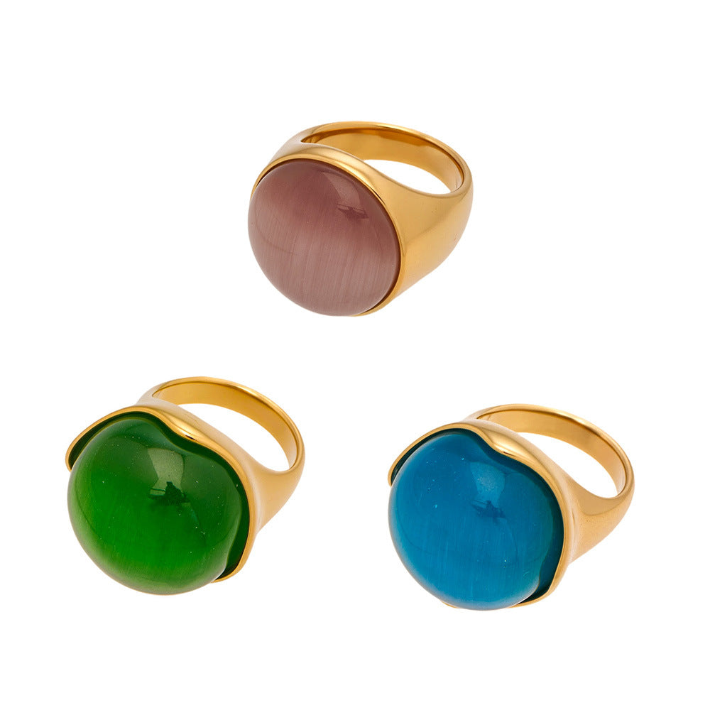 European American Retro Luxury Three Color Cat Is Eye Ring 18K Real Gold Plated Women Statement Jewelry  Waterproof Fade Free
