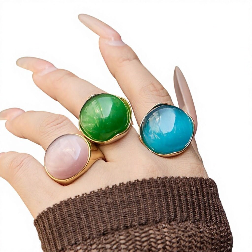 European American Retro Luxury Three Color Cat Is Eye Ring 18K Real Gold Plated Women Statement Jewelry  Waterproof Fade Free