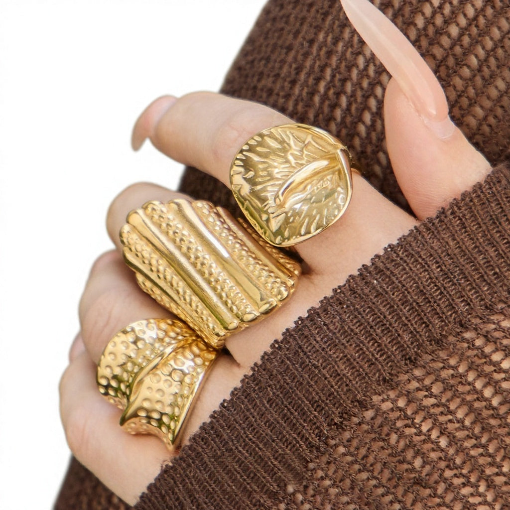 High Quality 18K Gold Plated Stainless Steel Statement Ring Anti Tarnish Waterproof Fashion Jewelry for Women