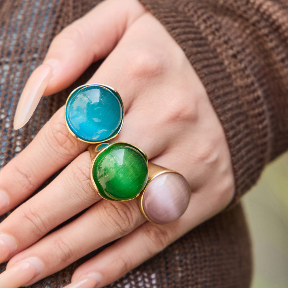 European American Retro Luxury Three Color Cat Is Eye Ring 18K Real Gold Plated Women Statement Jewelry  Waterproof Fade Free