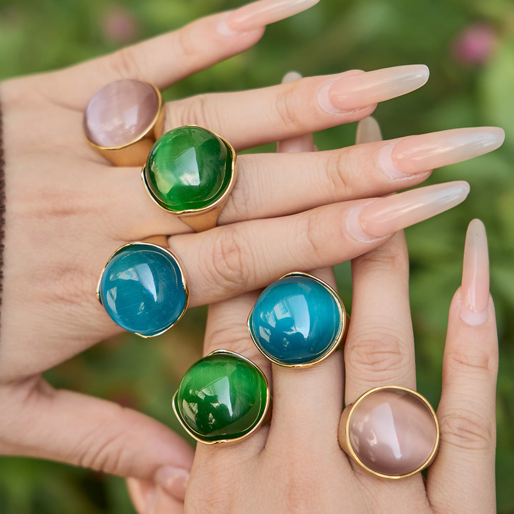European American Retro Luxury Three Color Cat Is Eye Ring 18K Real Gold Plated Women Statement Jewelry  Waterproof Fade Free