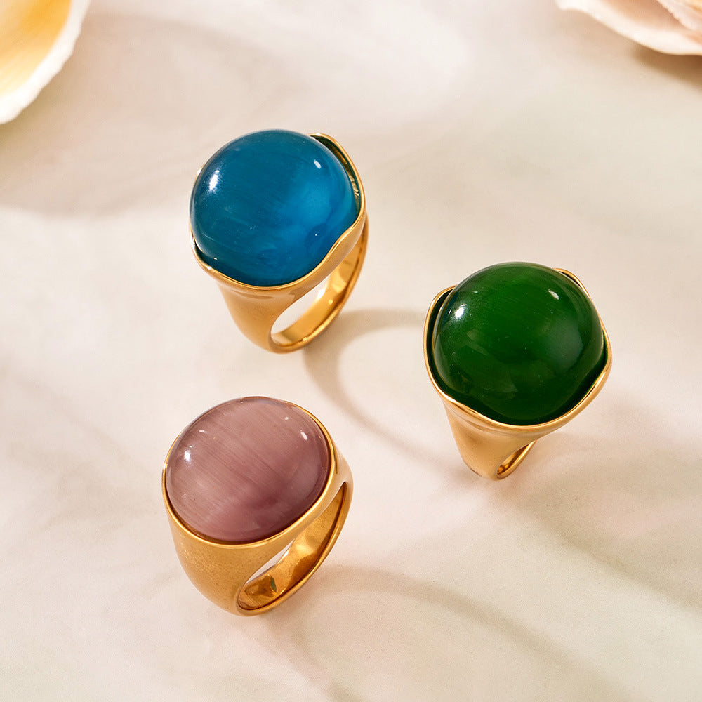 European American Retro Luxury Three Color Cat Is Eye Ring 18K Real Gold Plated Women Statement Jewelry  Waterproof Fade Free
