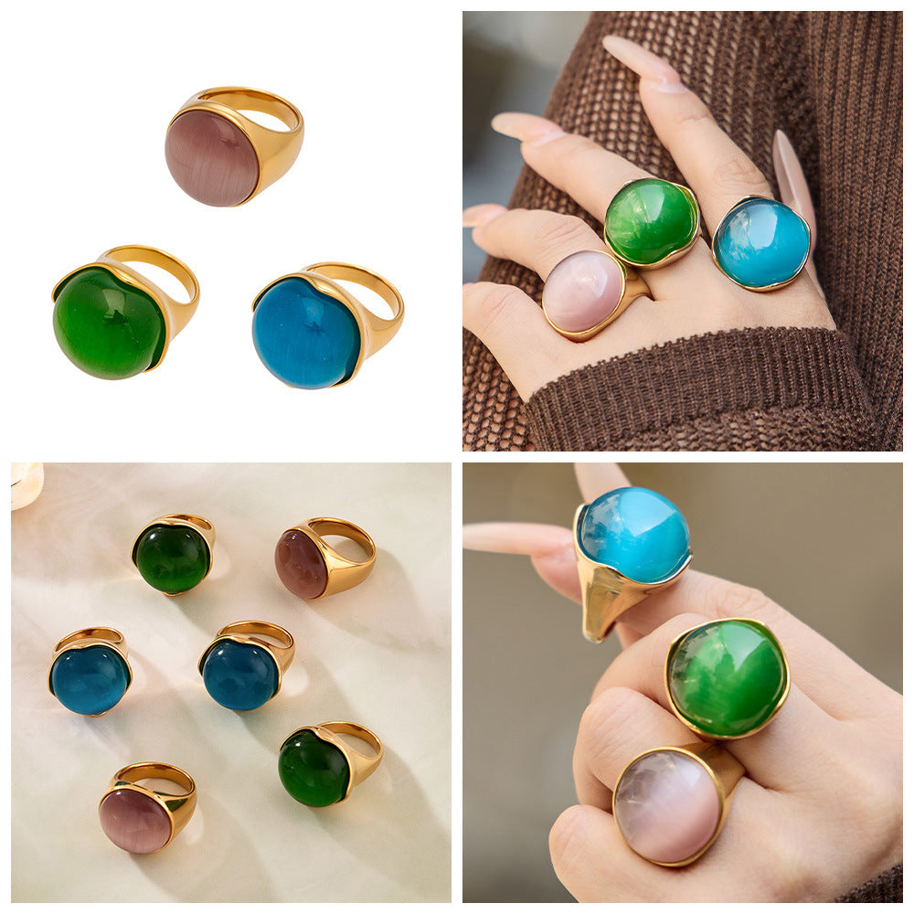 European American Retro Luxury Three Color Cat Is Eye Ring 18K Real Gold Plated Women Statement Jewelry  Waterproof Fade Free