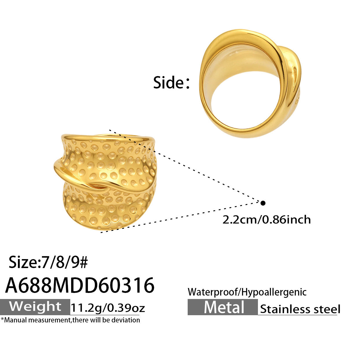 High Quality 18K Gold Plated Stainless Steel Statement Ring Anti Tarnish Waterproof Fashion Jewelry for Women