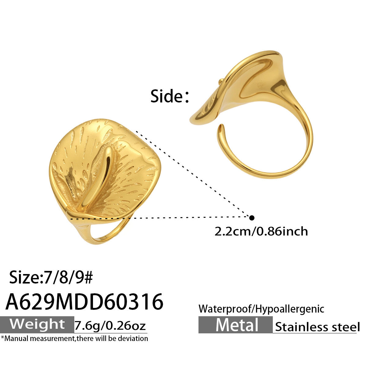 High Quality 18K Gold Plated Stainless Steel Statement Ring Anti Tarnish Waterproof Fashion Jewelry for Women