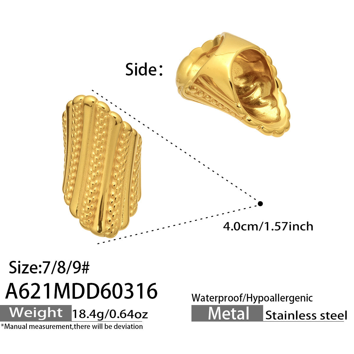High Quality 18K Gold Plated Stainless Steel Statement Ring Anti Tarnish Waterproof Fashion Jewelry for Women
