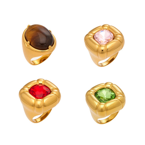18K Gold Plated Stainless Steel Tiger Eye Ring  Vintage Unisex Fashion Jewelry for Men Women Gift