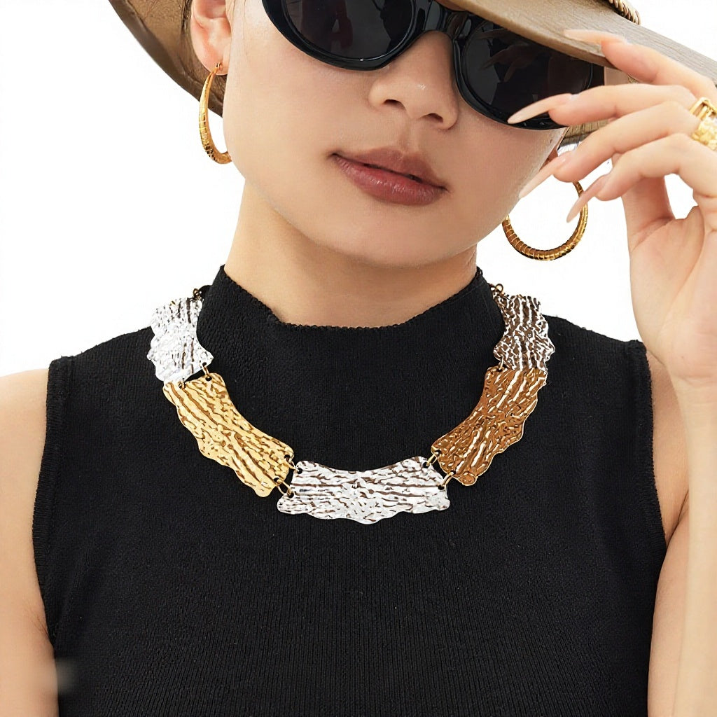 Mili Minimalist Style Stainless Steel Contrasting Color Patchwork Necklace Niche Geometric Pendant Light Luxury Blade Chain