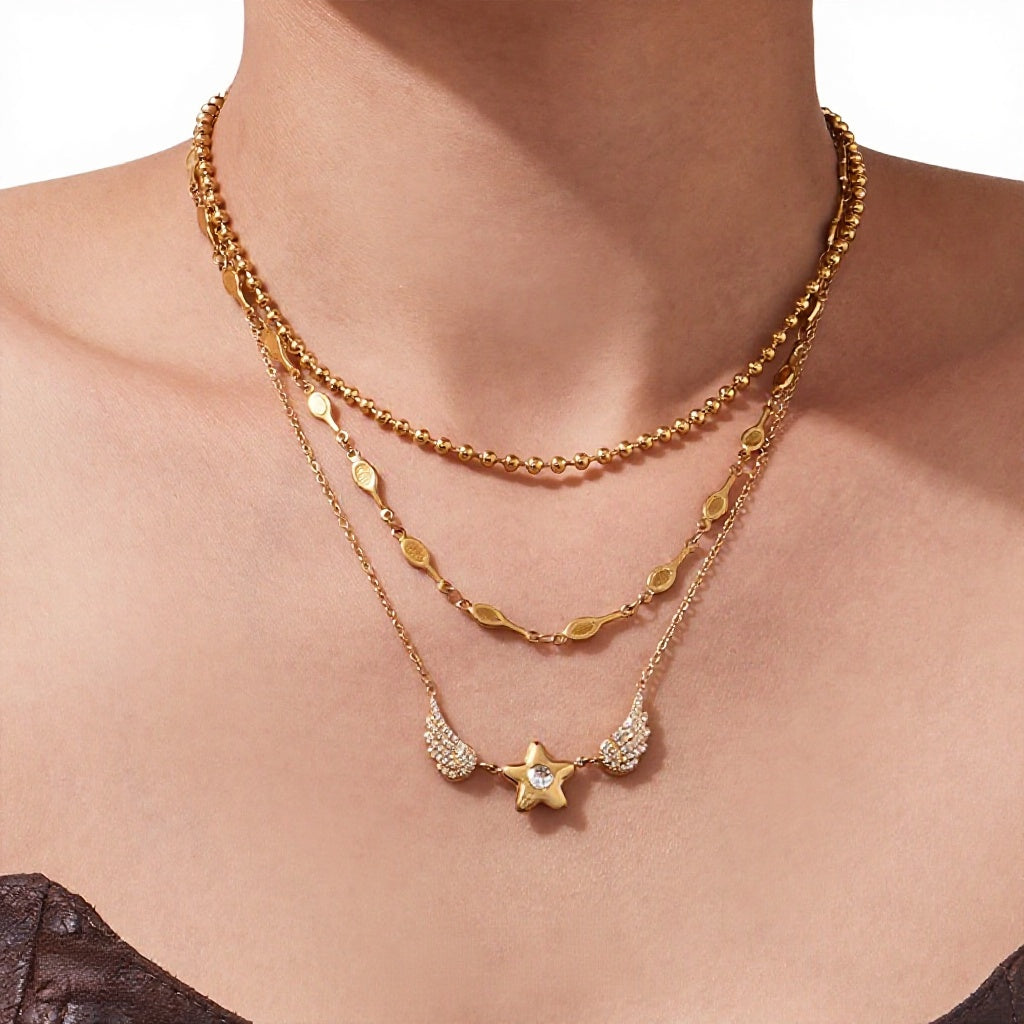 High Quality Stainless Steel Zircon Star Wings Pendant Necklace Korean Style Fashion Jewelry for Women Gift