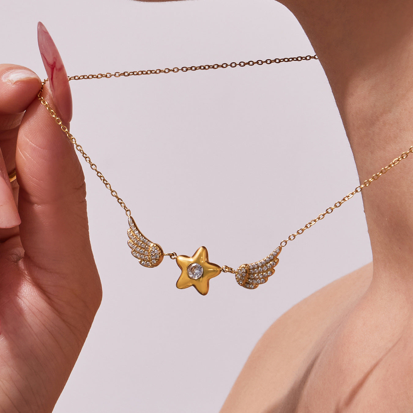 High Quality Stainless Steel Zircon Star Wings Pendant Necklace Korean Style Fashion Jewelry for Women Gift