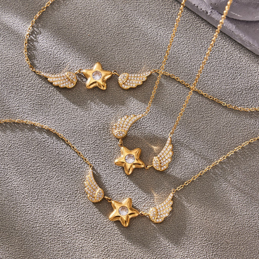 High Quality Stainless Steel Zircon Star Wings Pendant Necklace Korean Style Fashion Jewelry for Women Gift