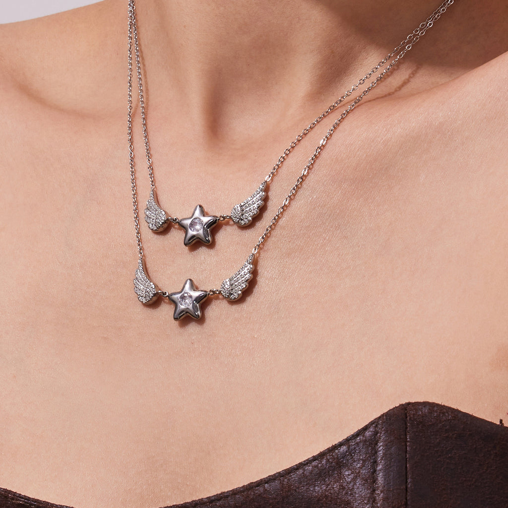 High Quality Stainless Steel Zircon Star Wings Pendant Necklace Korean Style Fashion Jewelry for Women Gift