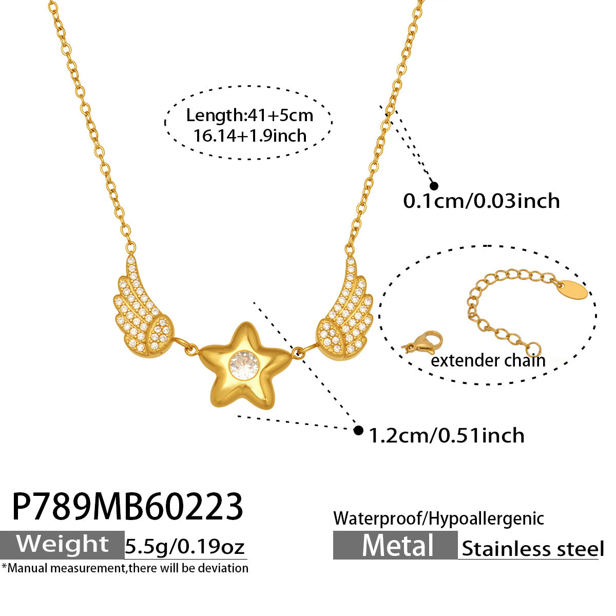 High Quality Stainless Steel Zircon Star Wings Pendant Necklace Korean Style Fashion Jewelry for Women Gift