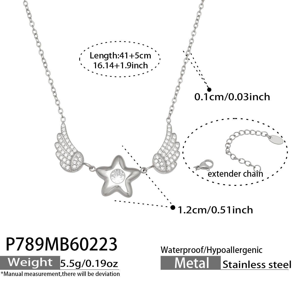 High Quality Stainless Steel Zircon Star Wings Pendant Necklace Korean Style Fashion Jewelry for Women Gift