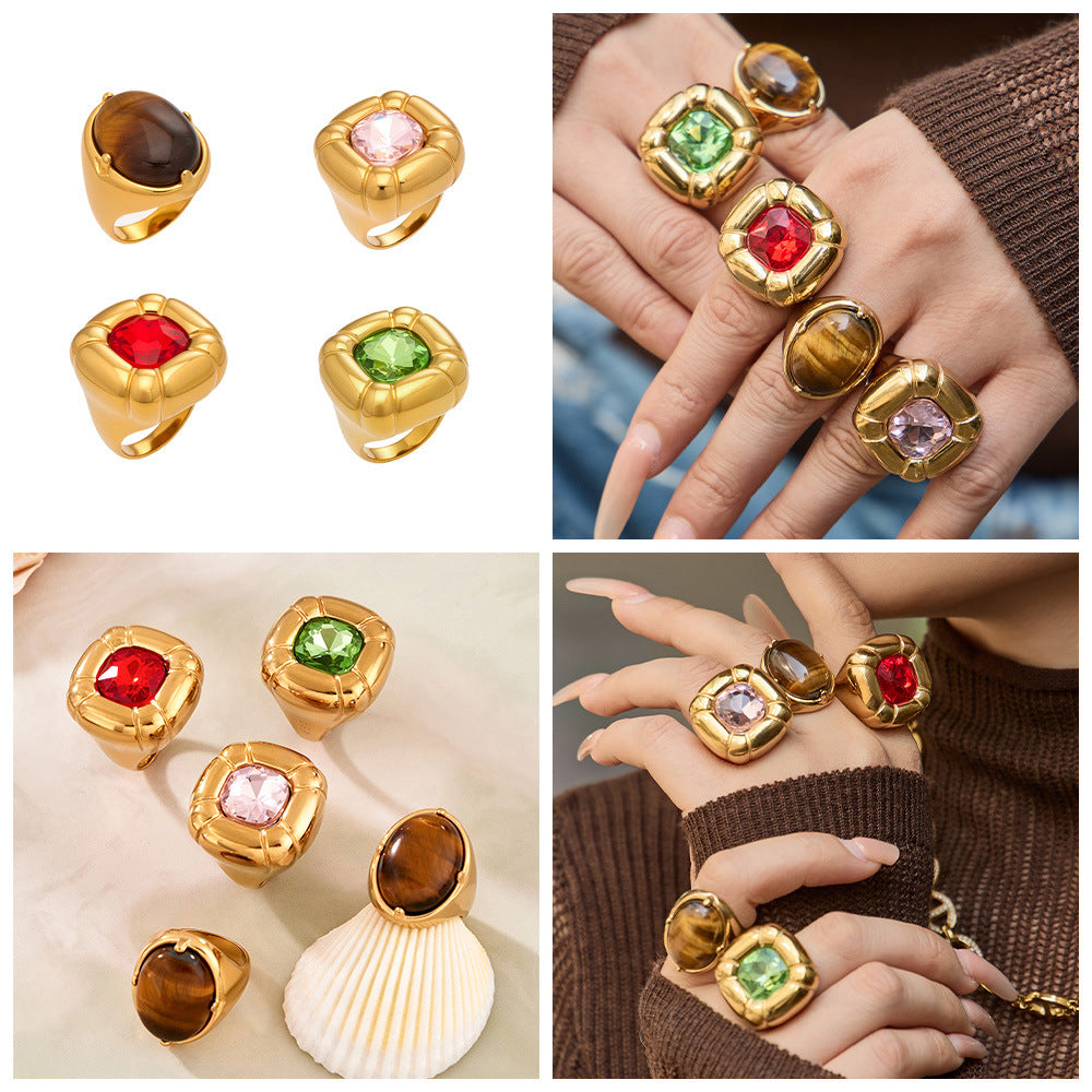 Luxury 18K Gold Plated Stainless Steel Ring with Colorful Glass Geometric Irregular Design Fine Jewelry for Party