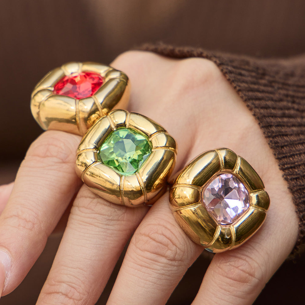 Luxury 18K Gold Plated Stainless Steel Ring with Colorful Glass Geometric Irregular Design Fine Jewelry for Party