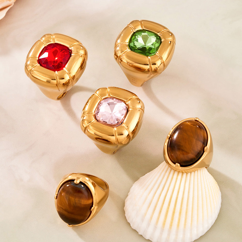 Luxury 18K Gold Plated Stainless Steel Ring with Colorful Glass Geometric Irregular Design Fine Jewelry for Party