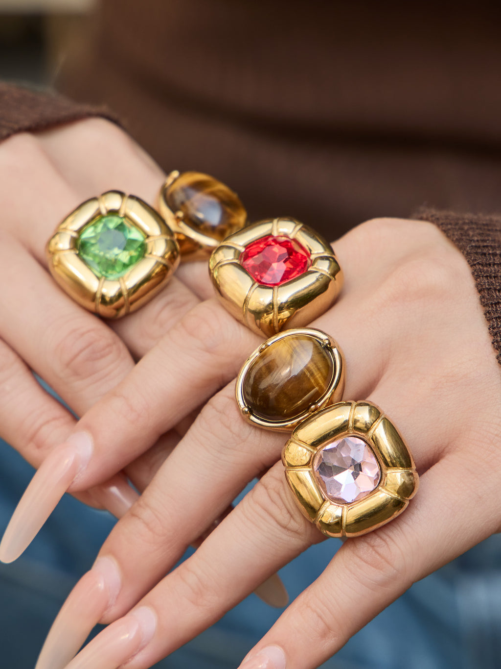 Luxury 18K Gold Plated Stainless Steel Ring with Colorful Glass Geometric Irregular Design Fine Jewelry for Party