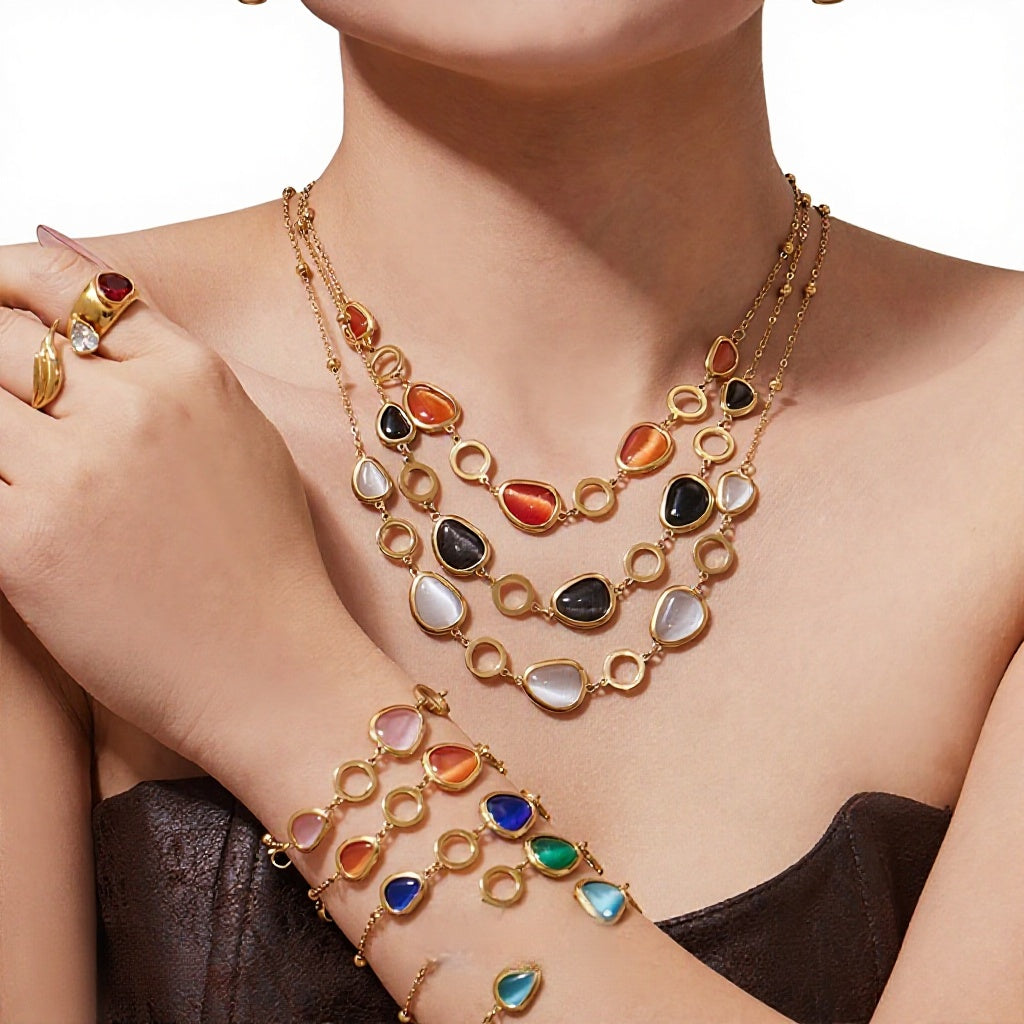 18k Gold Plated Cat Eye Jewelry Set  Waterproof Hypoallergenic Oval Stone  for Women Party Gift