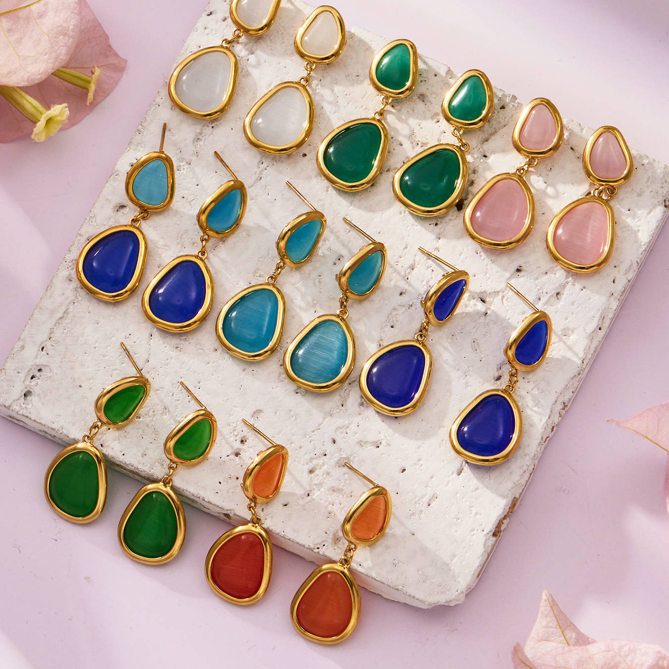 18k Gold Plated Cat Eye Jewelry Set  Waterproof Hypoallergenic Oval Stone  for Women Party Gift