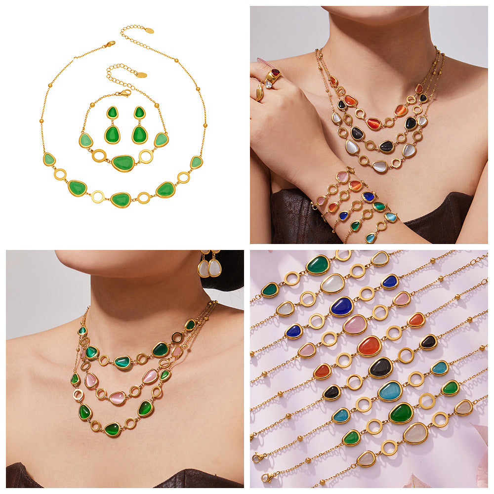 18k Gold Plated Cat Eye Jewelry Set  Waterproof Hypoallergenic Oval Stone  for Women Party Gift