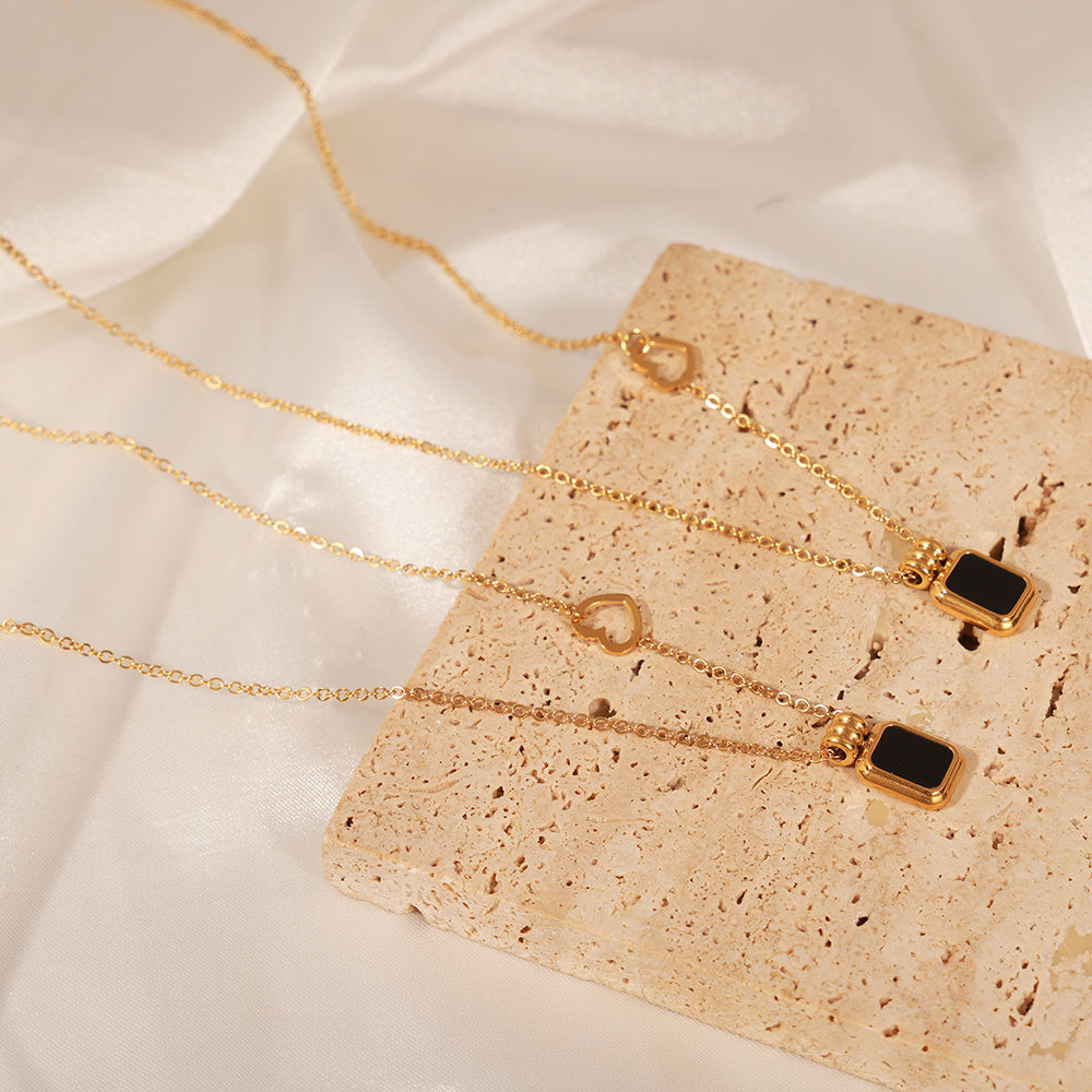 Luxury Gold Plated Stainless Steel Geometric Pendant Necklace  Black Acrylic Square Collarbone Chain