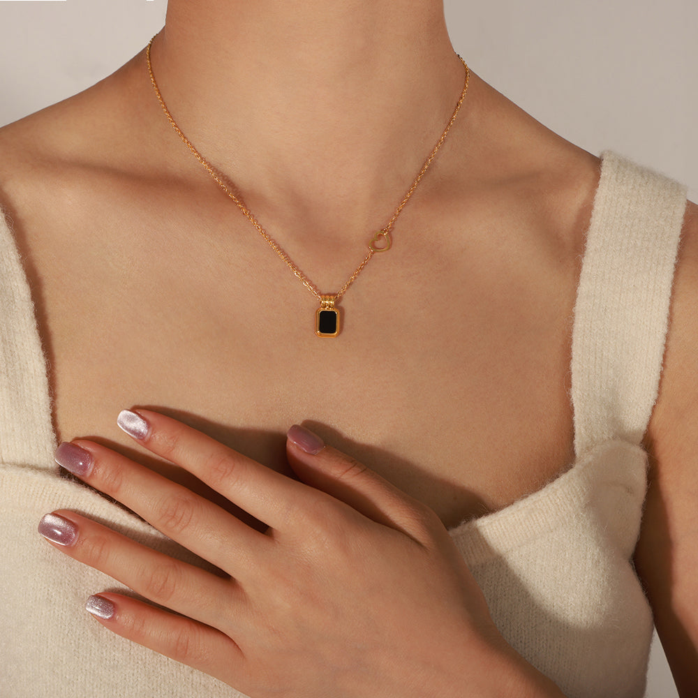 Luxury Gold Plated Stainless Steel Geometric Pendant Necklace  Black Acrylic Square Collarbone Chain