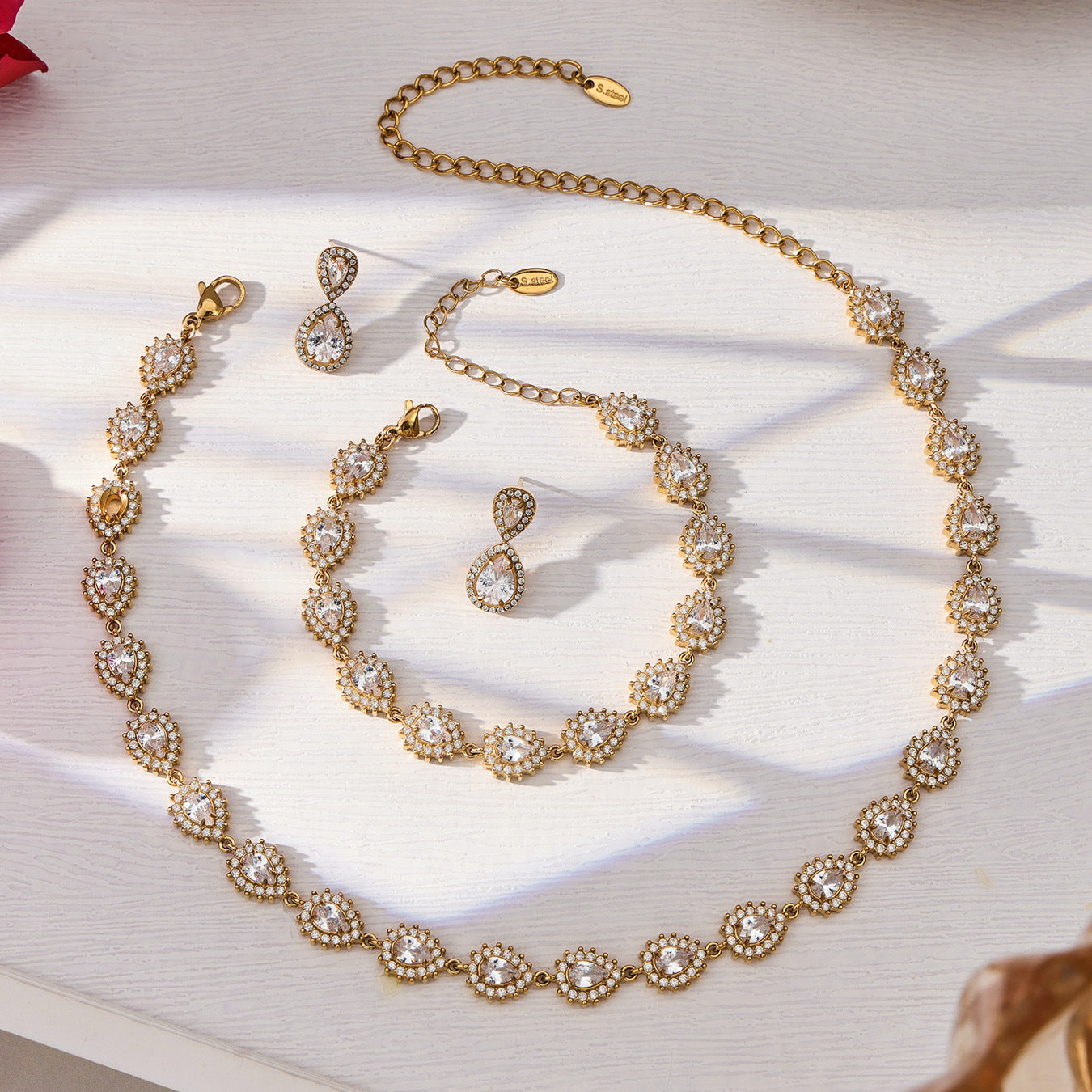 Luxury Fashion 5A Zircon Stainless Steel Jewelry Set Trendy Necklace Earrings Bracelet Three Pieces  Light Luxury Party Gift
