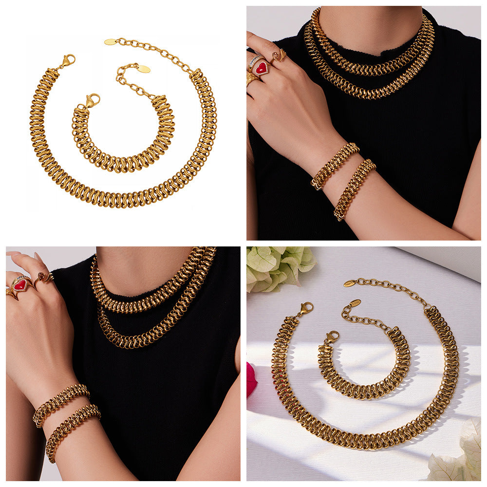 Trendy Women Gold Plated Stainless Steel Thick Chain Choker  Set Includes Matching Bracelet Perfect for Gift Daily Wear