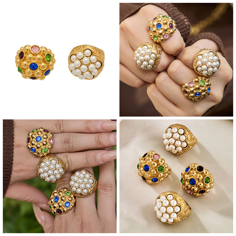 2026 Fashion Vintage Lotus Ring Stainless Steel Jewelry 18K Gold Plated Faux Pearl Multicolor Stone Wedding Band for Women