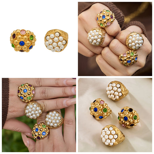 2026 Fashion Vintage Lotus Ring Stainless Steel Jewelry 18K Gold Plated Faux Pearl Multicolor Stone Wedding Band for Women
