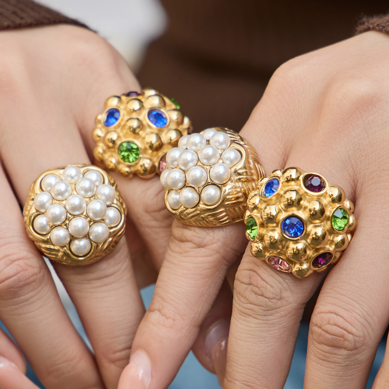 2026 Fashion Vintage Lotus Ring Stainless Steel Jewelry 18K Gold Plated Faux Pearl Multicolor Stone Wedding Band for Women