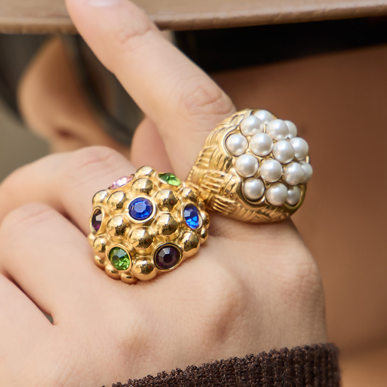 2026 Fashion Vintage Lotus Ring Stainless Steel Jewelry 18K Gold Plated Faux Pearl Multicolor Stone Wedding Band for Women