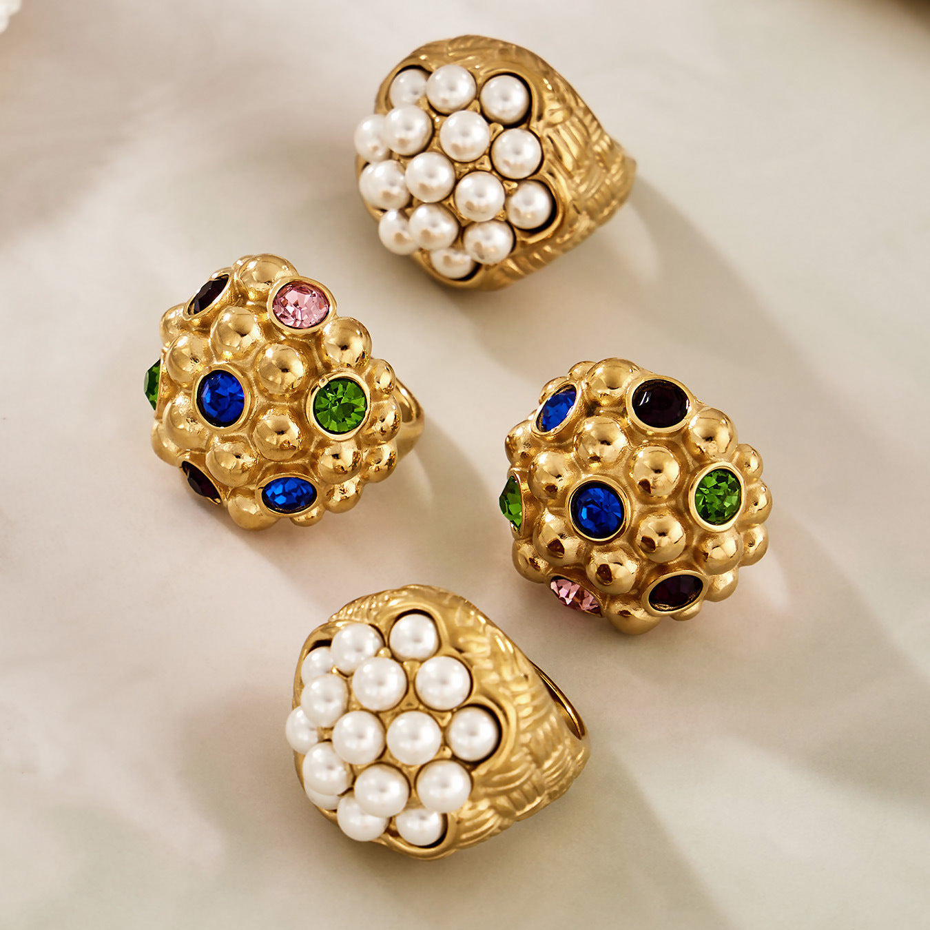 2026 Fashion Vintage Lotus Ring Stainless Steel Jewelry 18K Gold Plated Faux Pearl Multicolor Stone Wedding Band for Women