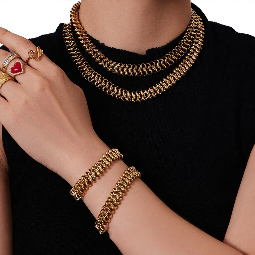 Trendy Women Gold Plated Stainless Steel Thick Chain Choker  Set Includes Matching Bracelet Perfect for Gift Daily Wear
