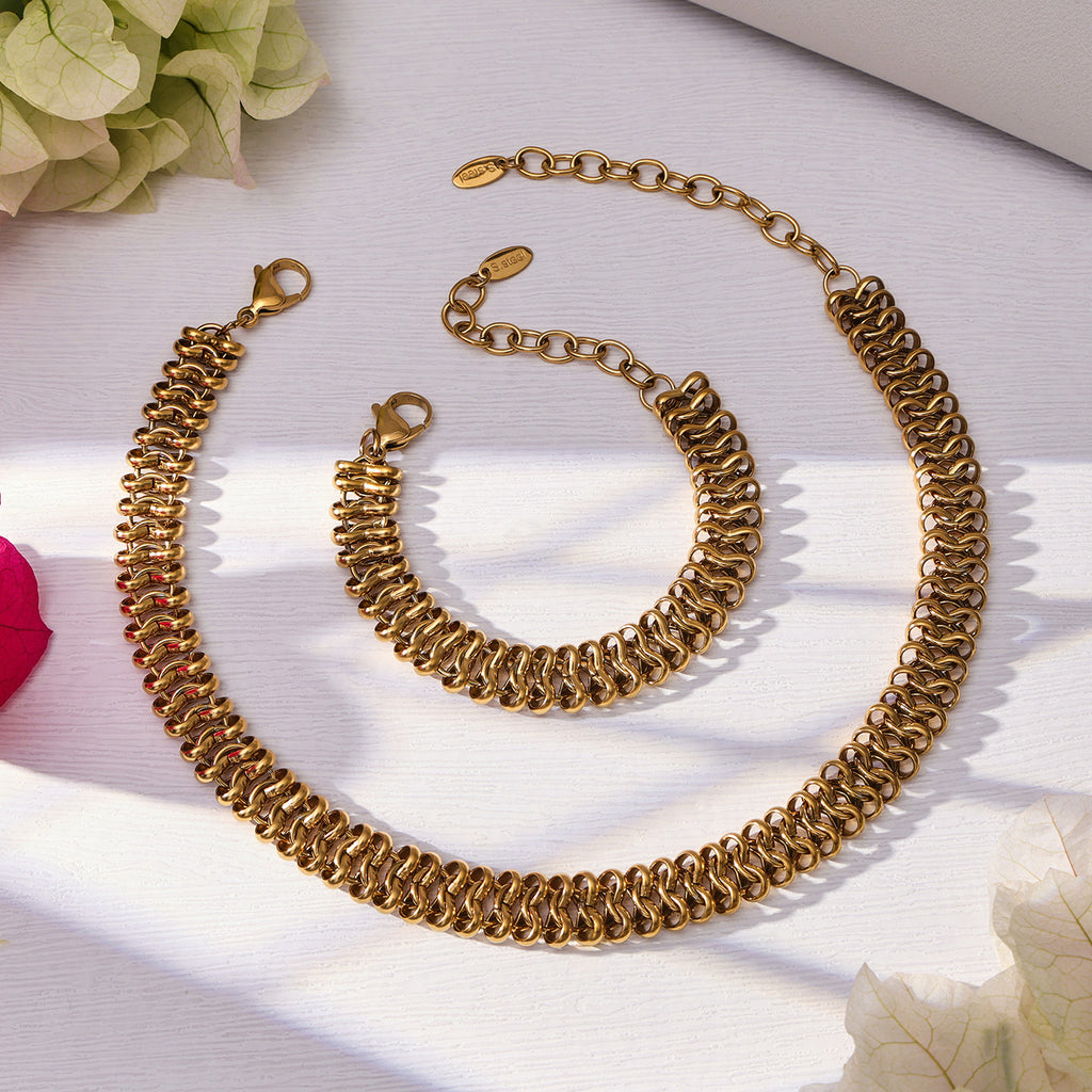Trendy Women Gold Plated Stainless Steel Thick Chain Choker  Set Includes Matching Bracelet Perfect for Gift Daily Wear