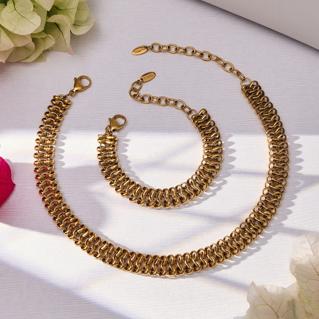 Trendy Women Gold Plated Stainless Steel Thick Chain Choker  Set Includes Matching Bracelet Perfect for Gift Daily Wear