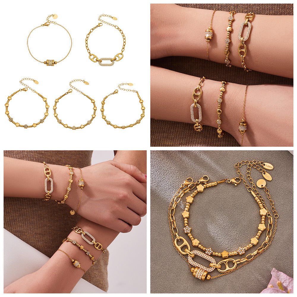 Luxury Star Beaded Bracelet Stainless Steel 18K Gold Plated Sparkling Round Zirconia Charm Fashion Jewelry for Women Party Gift