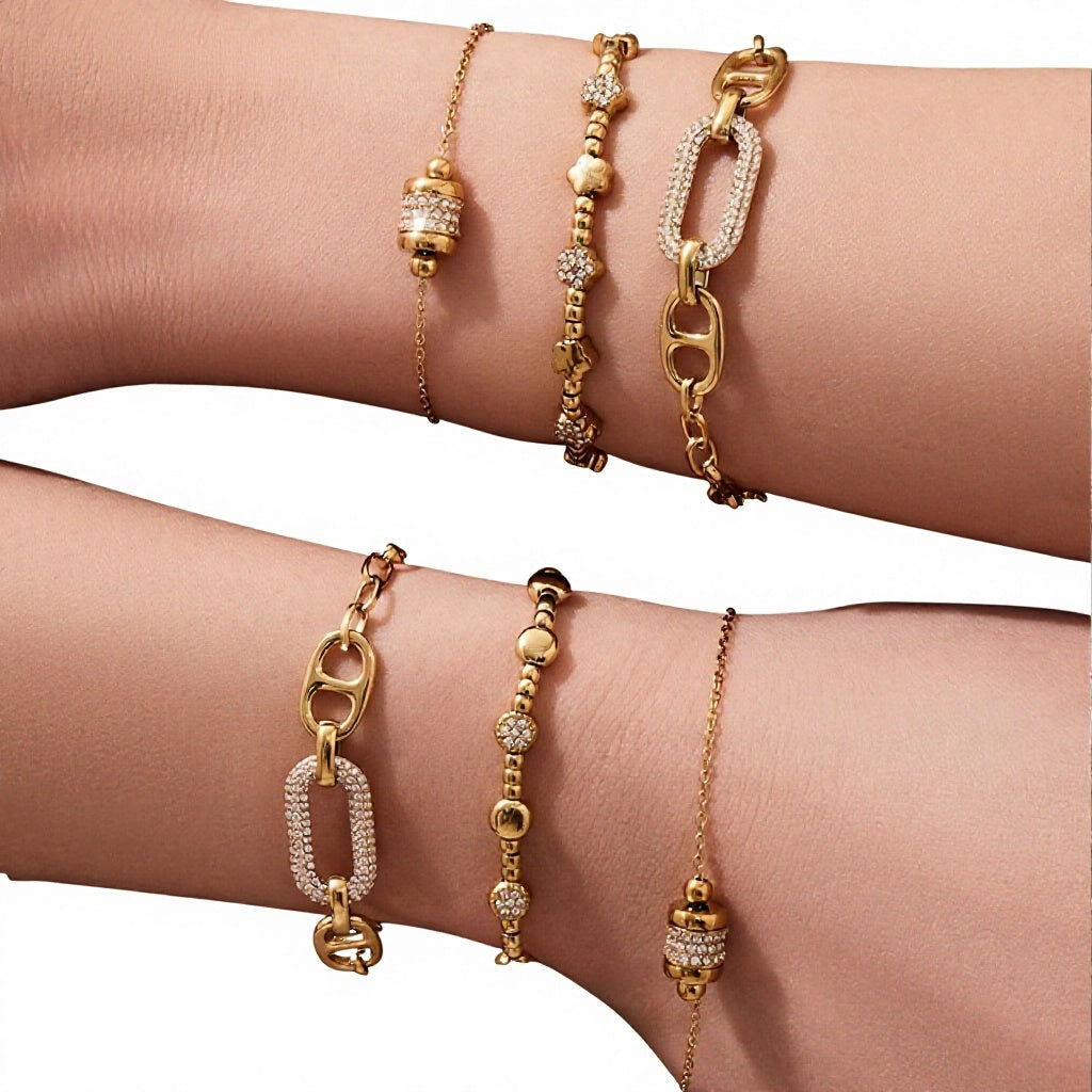 Luxury Star Beaded Bracelet Stainless Steel 18K Gold Plated Sparkling Round Zirconia Charm Fashion Jewelry for Women Party Gift
