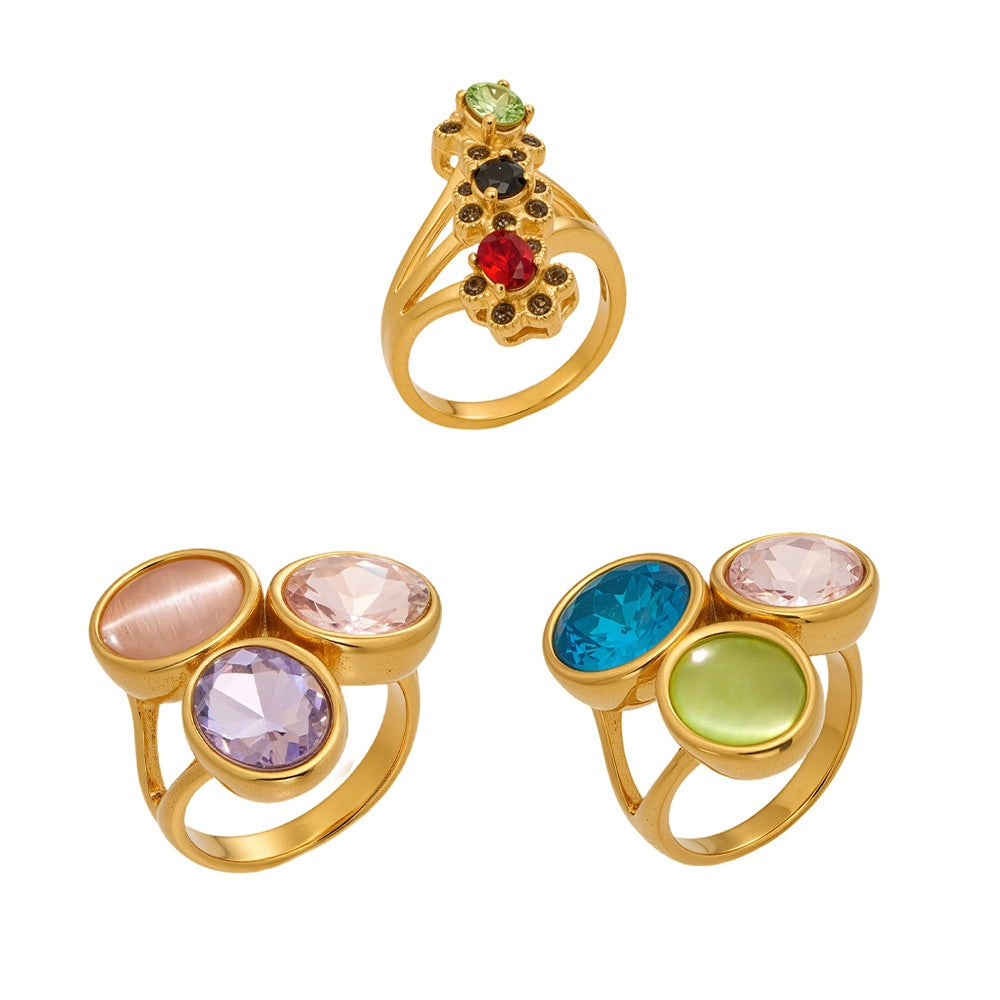 2026 New Design Luxury Multi Color Glass Rhinestone 18K Gold Stainless Steel Rings
