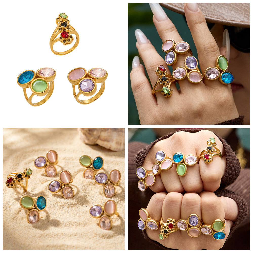 2026 New Design Luxury Multi Color Glass Rhinestone 18K Gold Stainless Steel Rings